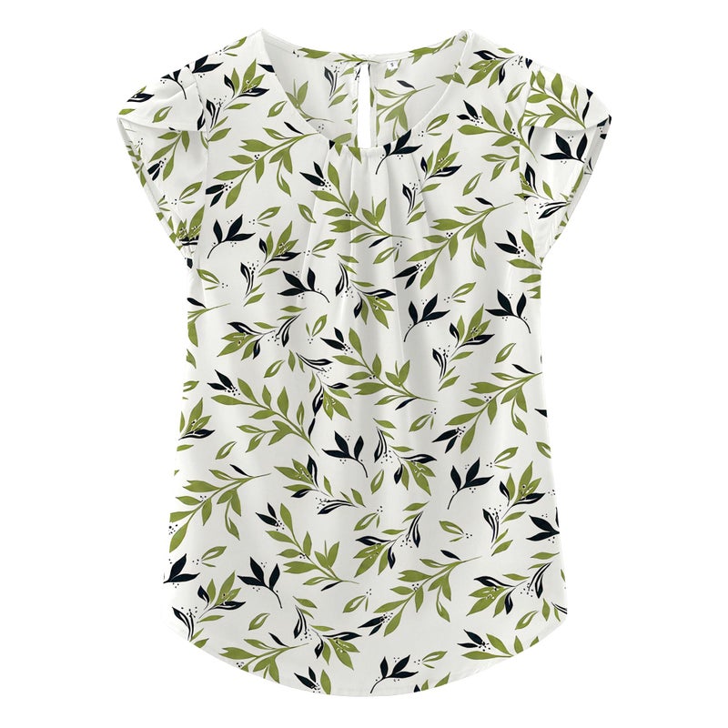 TASAMO Women's Casual Round Neck Basic Pleated Top Cap Sleeve Curved Keyhole Back Chiffon Blouse (Large, FP Light Green 01) - Image 1